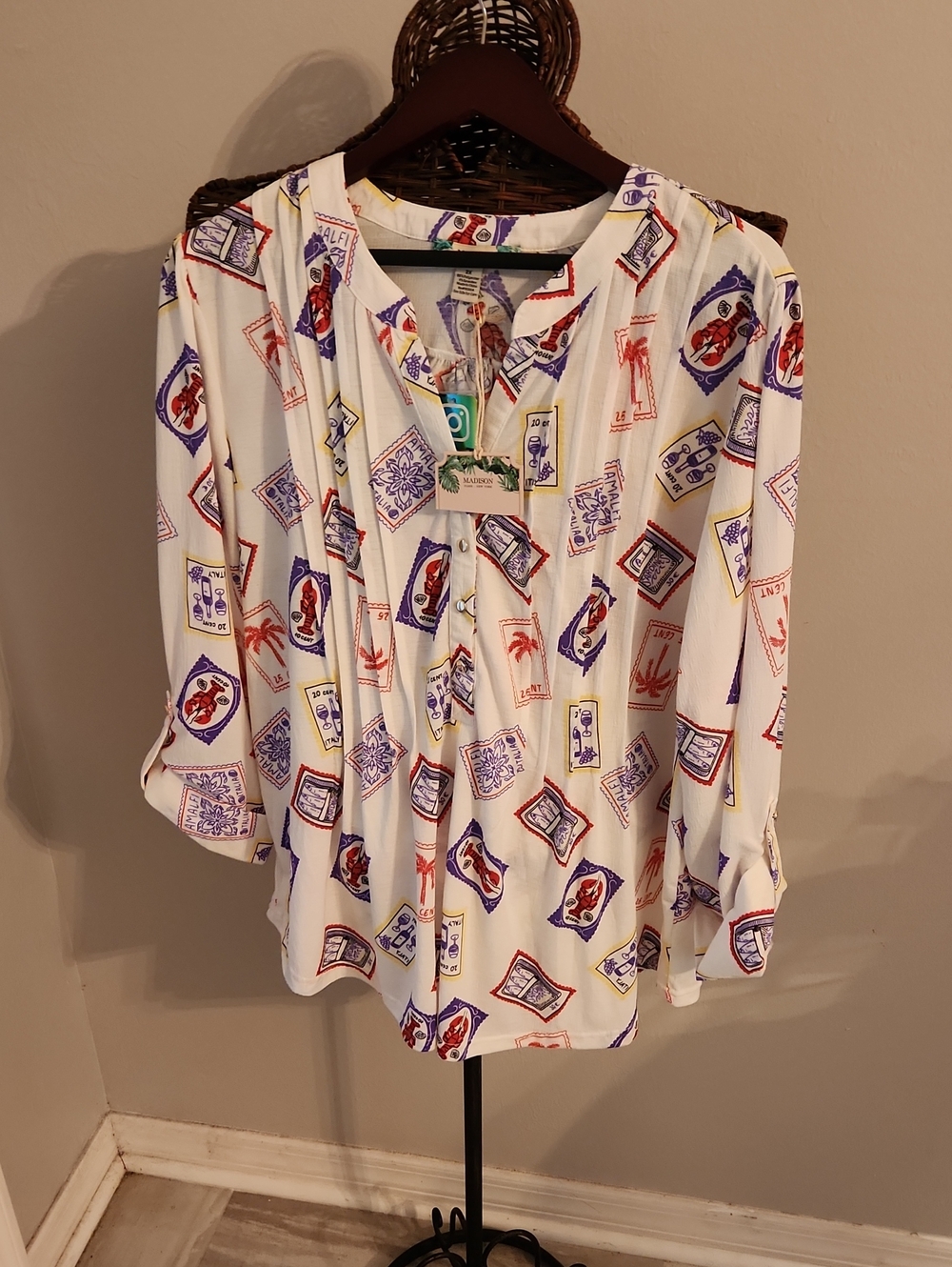 Madison White Printed V-Neck Peasant Blouse with Red, Purple & Yellow Accents